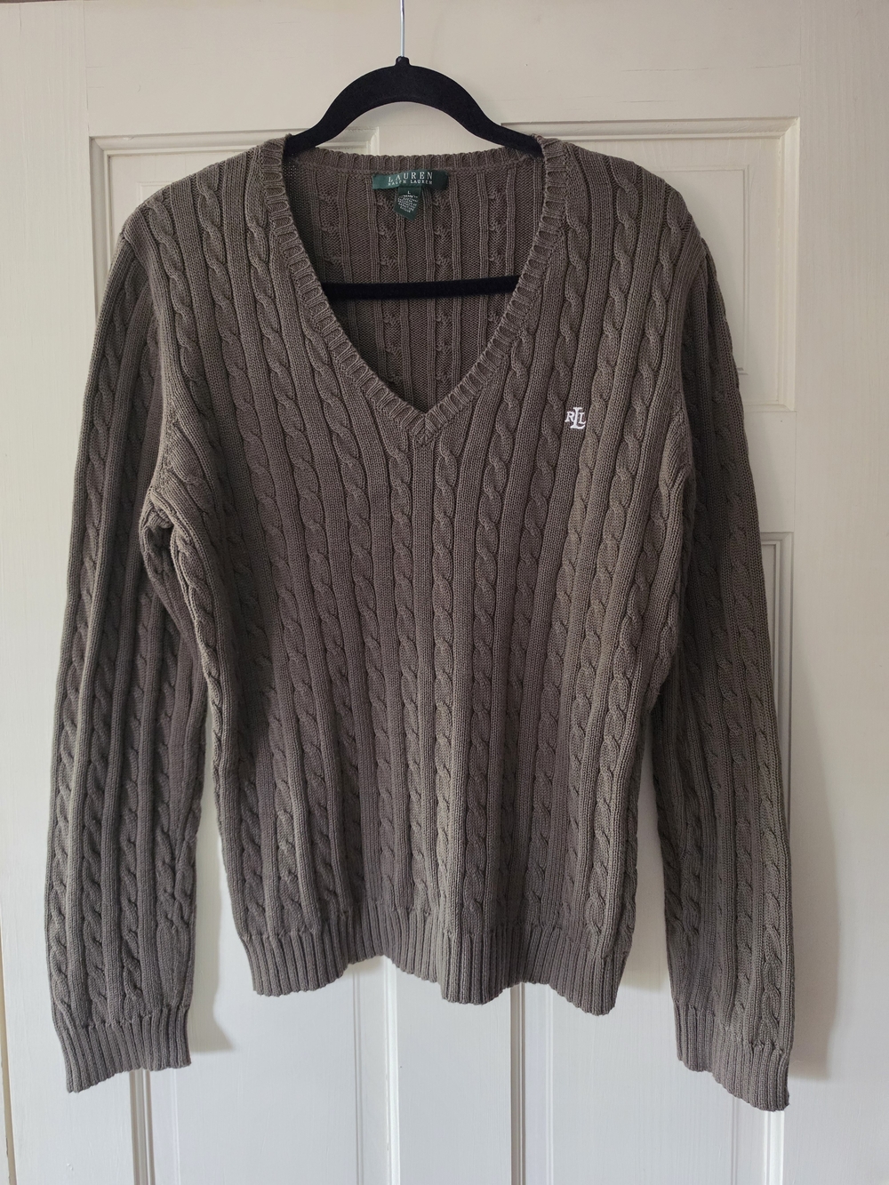 Lauren Ralph Lauren Green Cable Knit 100% Cotton V Neck Pullover Size L